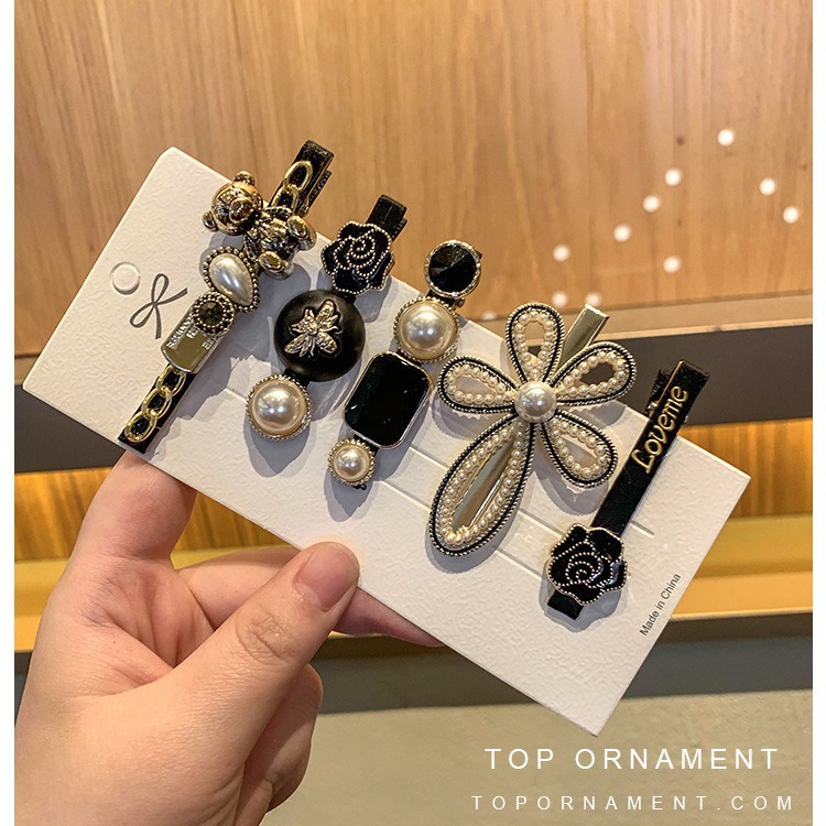 6-piece set of Little bear feather hair clips, pearl water diamond scissors hair clips, Korean InS-style retro bangs clips, fairy hair accessories Specification image