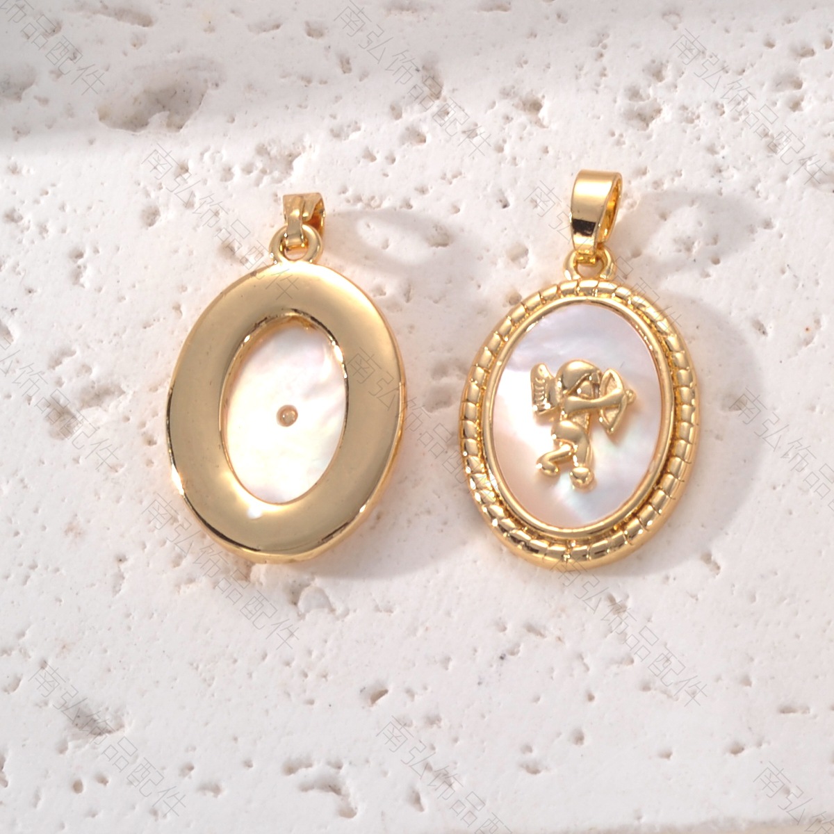Copper-plated 18k gold pearl necklace pendant with white shell Cupid oval tag, high-end DIY jewelry accessory Specification image