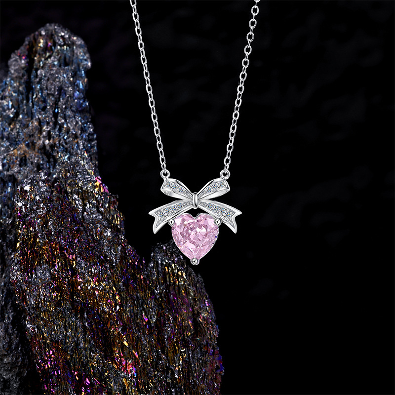 Zhuoheng Select S925 Pure Silver Pink Bow Ice Flower Cut Necklace, High-End, Non-Fading, Niche And Versatile Collarbone Chain Pendant details Picture