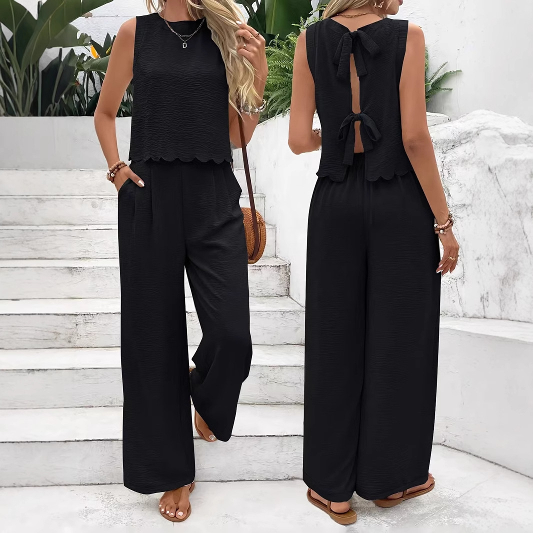 2026 European and American cross-border Spring/Summer New solid-color T-shirt and wide-leg pants two-piece French fashion and elegant women's clothing set Specification drawing
