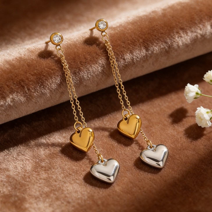 欧美不锈钢镀金间色流苏爱心耳钉 时尚百搭简约流苏跨境饰品