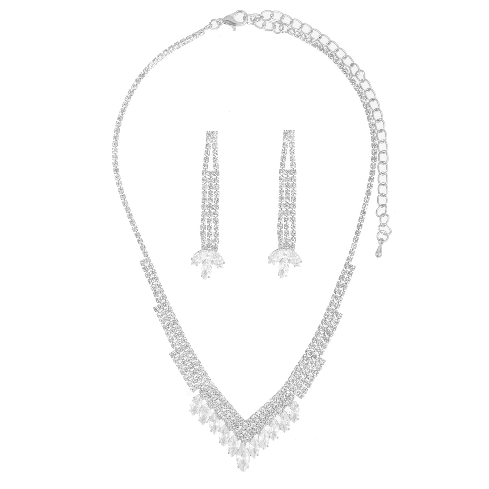 European and American cross-border V-shaped diamond zircon necklace + earrings luxurious two-piece set for brides' wedding dinner, shining jewelry set wholesale supply Item Picture