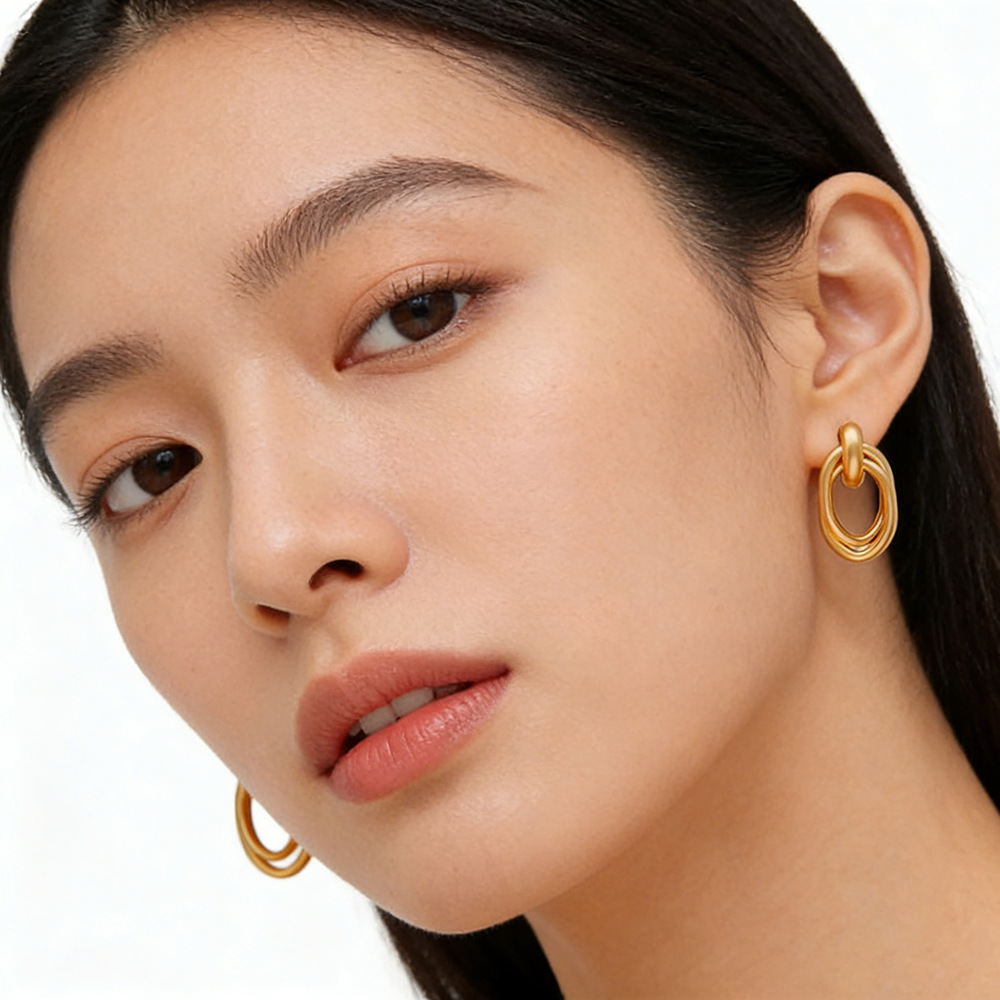Hyacinth geométrico doble escalonado oval metal aretes personalidad versátil ligero de lujo moda alto sentido temperamento orejeras mujeres details Picture