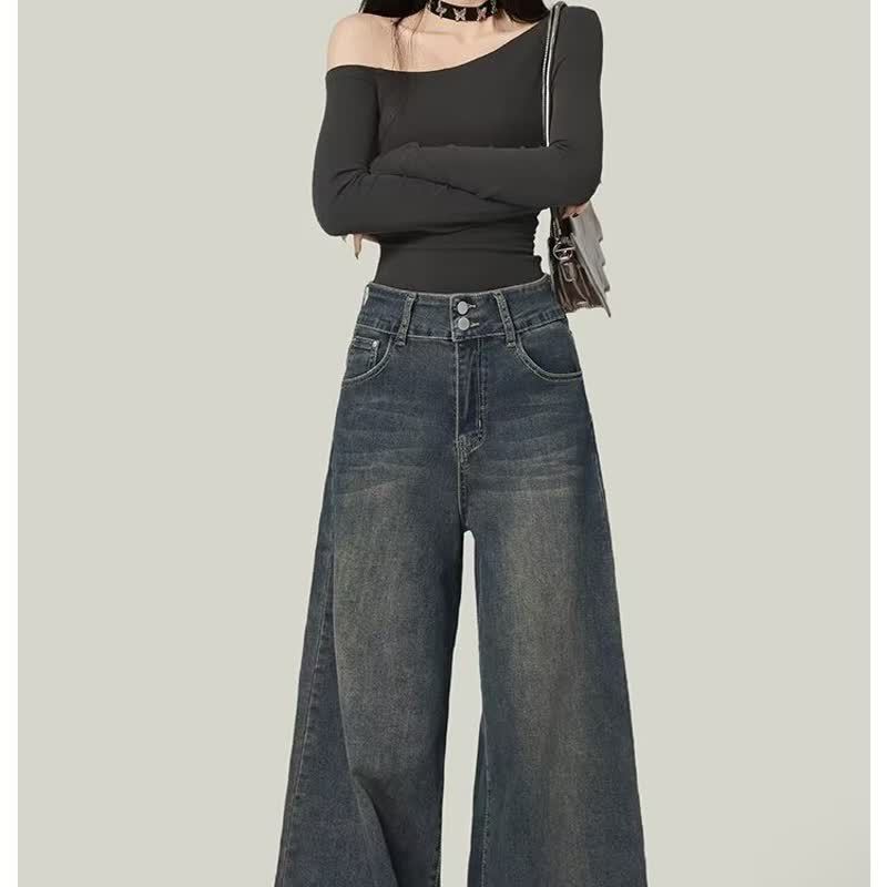 Cement grey wide-leg jeans for women, making them look taller and slimmer. New style in 2025, loose design, straight and drappy floor-length pants Item Picture