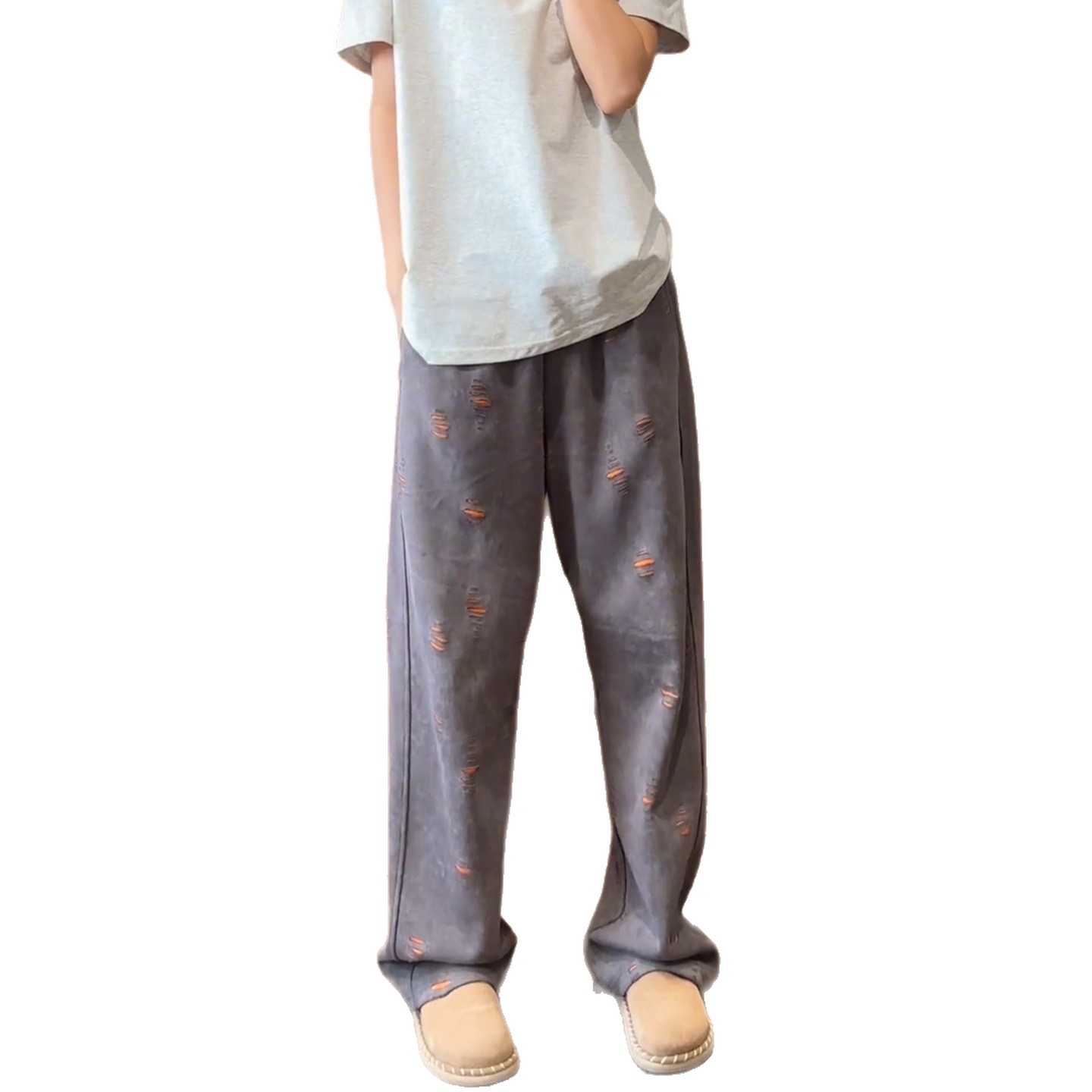 Spring and Autumn color-blocking sweatpants, irregular perforated curved knife pants, straight-leg long pants, men's trendy ins wide-leg casual pants Item Picture