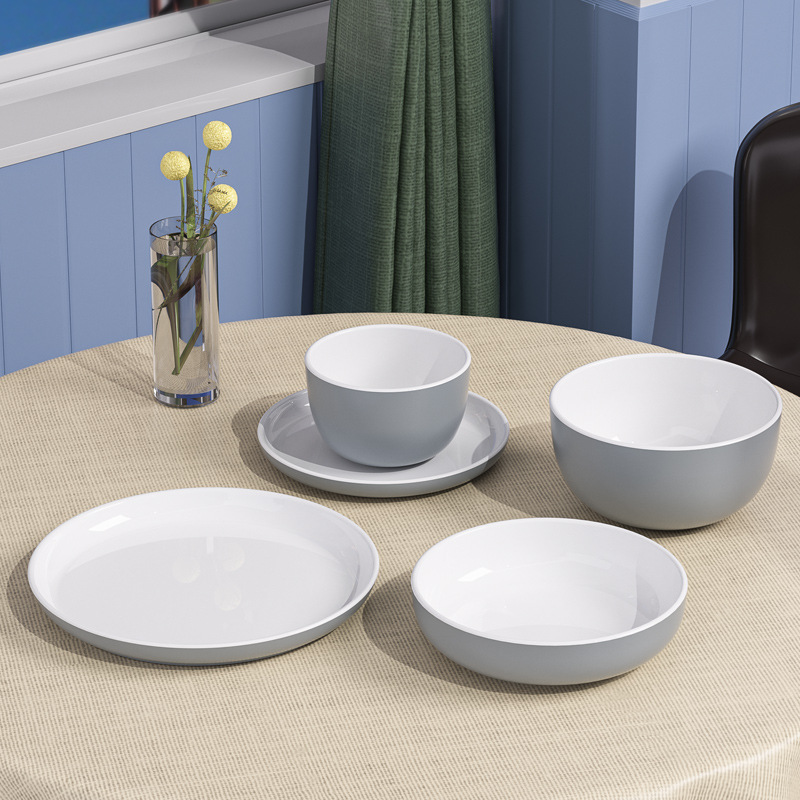 Customized two-color melamine tableware set, dinner plates, saucers, small plates, rice bowls, noodle bowls, soup bowls, fast food