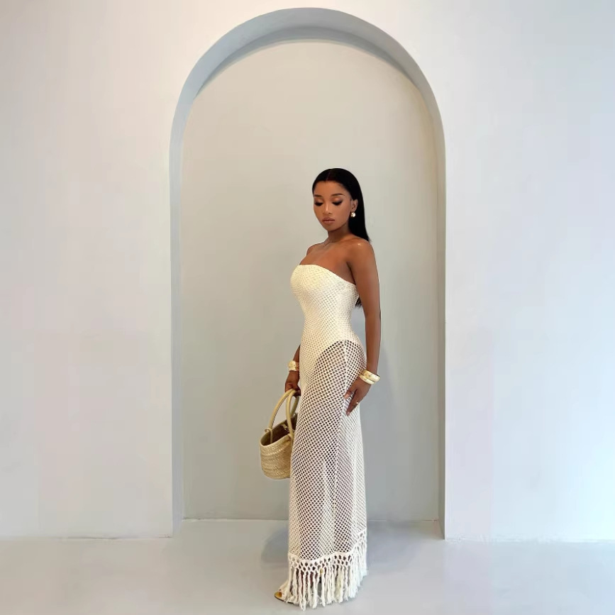 The 2026 cross-border European and American women's beach summer crocheted mesh tassel dress with a false two-piece design Specification drawing
