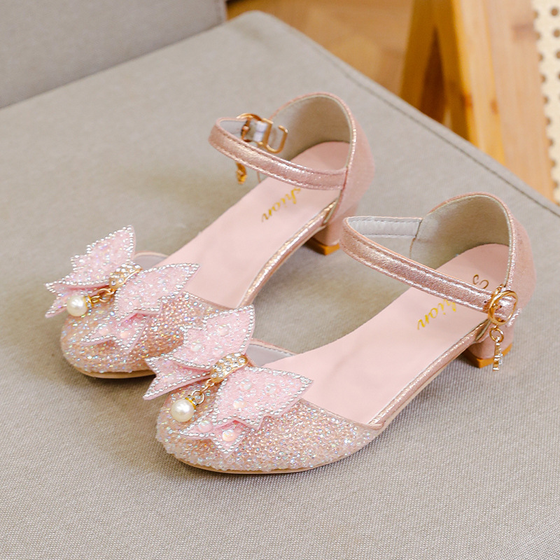 新款女童水晶鞋儿童高跟鞋学生舞台走秀表演出鞋银白色儿童公主鞋