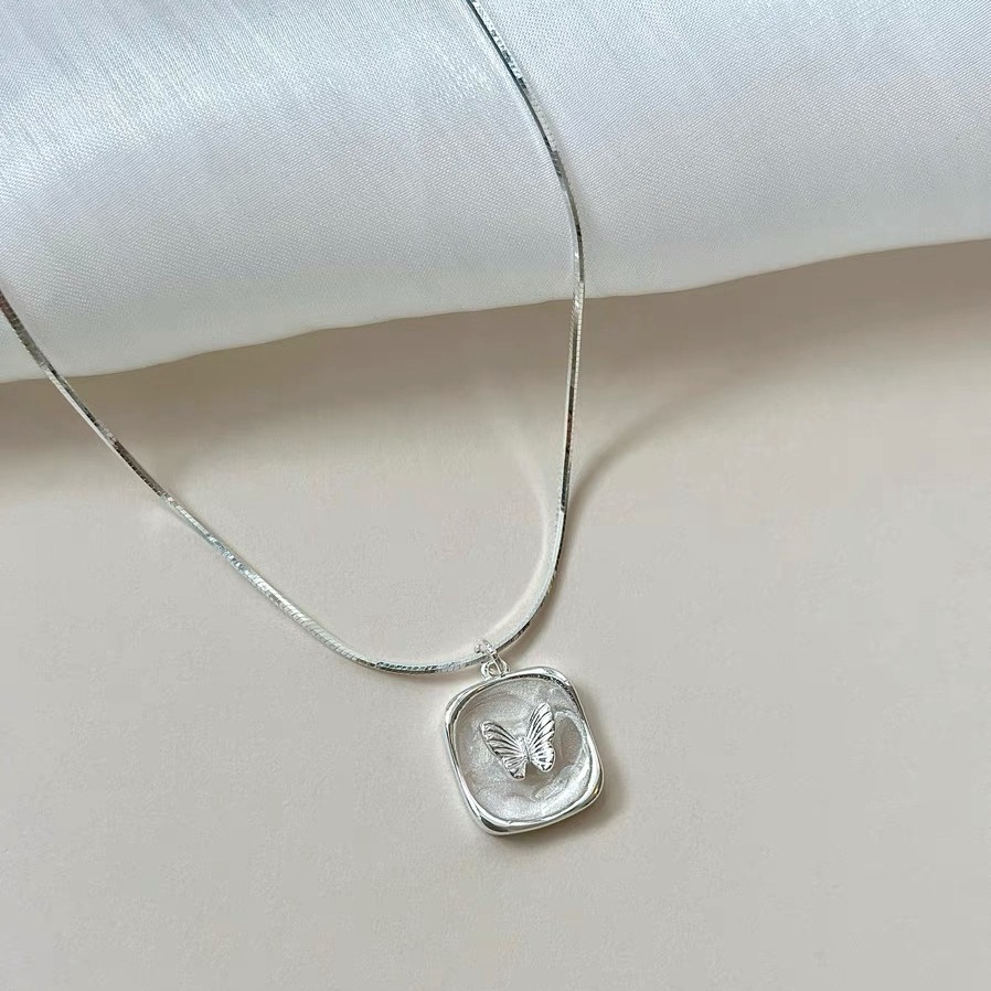 s925 sterling silver square oil painting resin necklace for women, Korean version butterfly snake bone sweater chain, exquisite and high-end Specification image