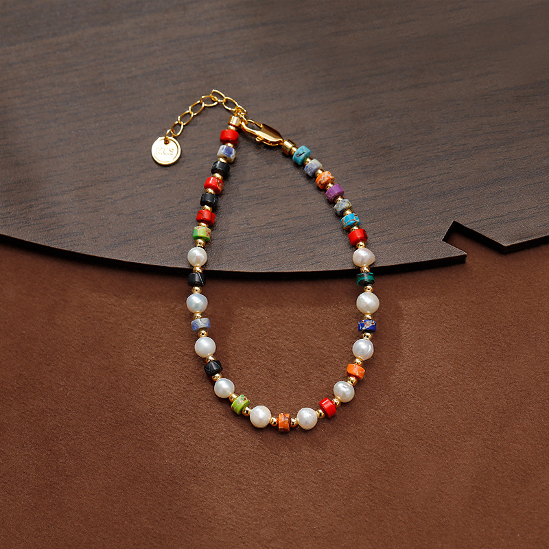 Dopamine handcrafted beaded colorful stone sweet bracelet, retro Chinese Bohemian style freshwater pearl bracelet