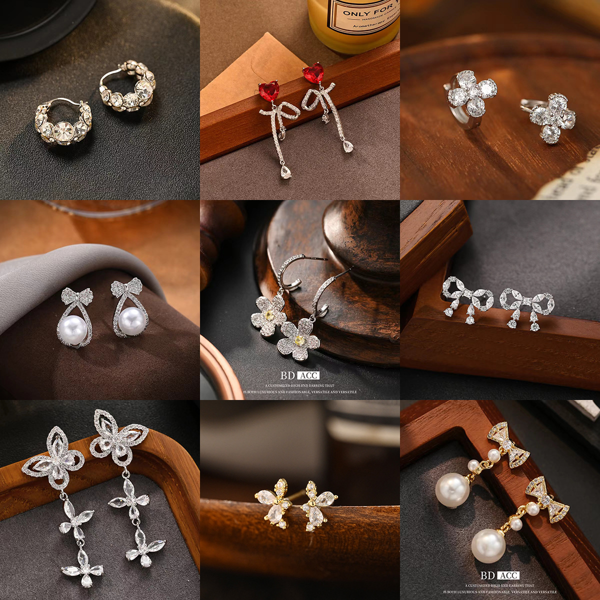 Full-diamond butterfly four-leaf clover flower earrings, elegant and light luxury zircon earrings, high-end s925 silver needle jewelry wholesale