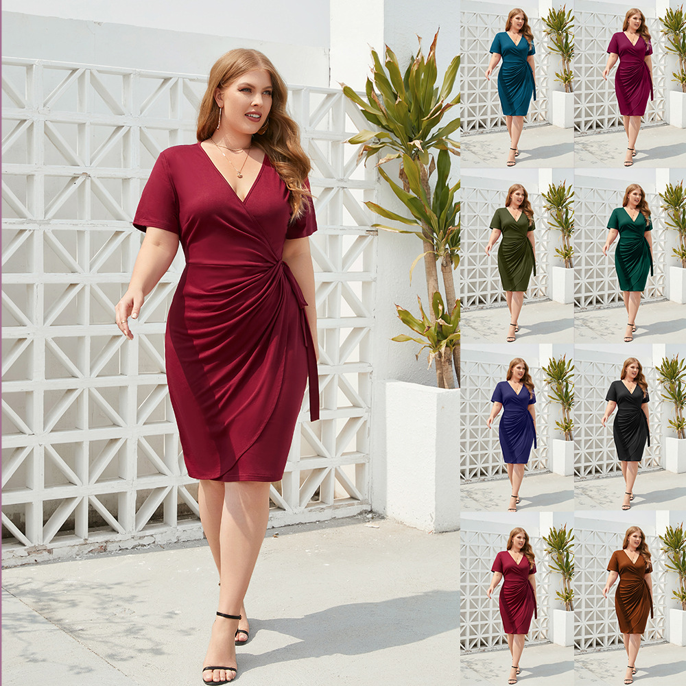 Cross-border plus-size women's clothing solid-color casual vacation dress with straps, vacation V-neck mid-length dress full figure