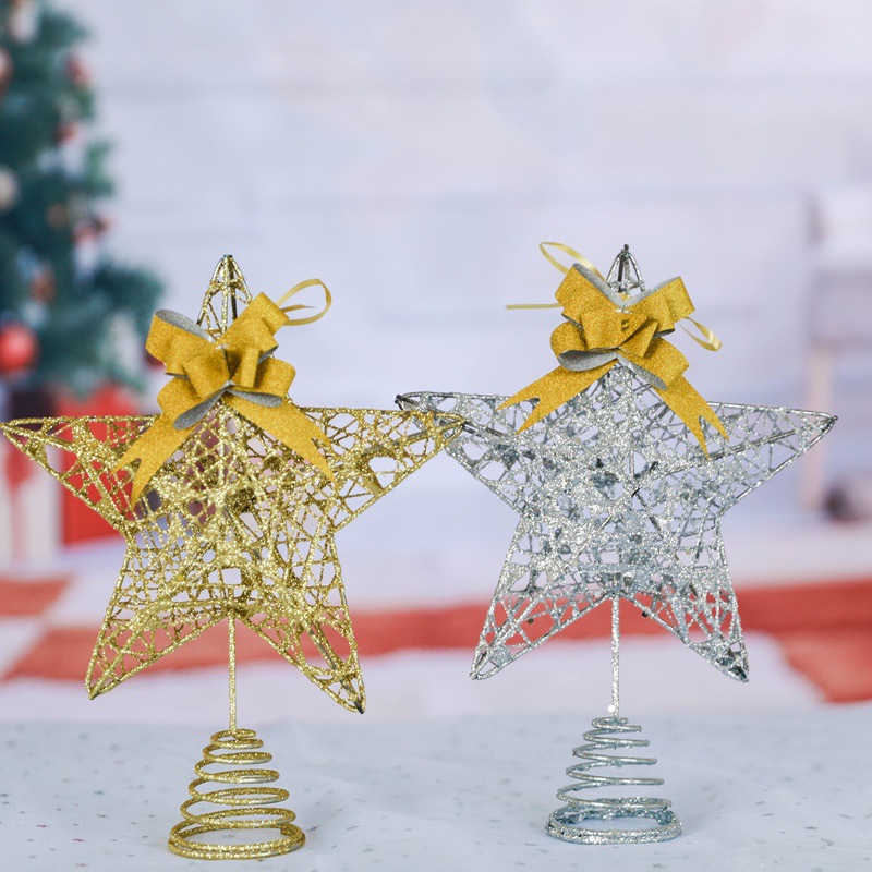 Cross-border supply of cotton thread powder tree top stars, iron five-pointed stars, LED illuminated Christmas tree decorations, tree top lights for Christmas details Picture