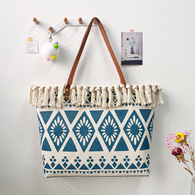 Cross-Border Canvas Bag, Fringed Handbag, Large-Capacity Portable And Simple Handcrafted Tote Bag, Commuting Fringed Bag, Bohemian Ethnic Style Printed Handbag, Embroidered Women's Single-Shoulder Handbag, Tote Bag, Women's Canvas Bag