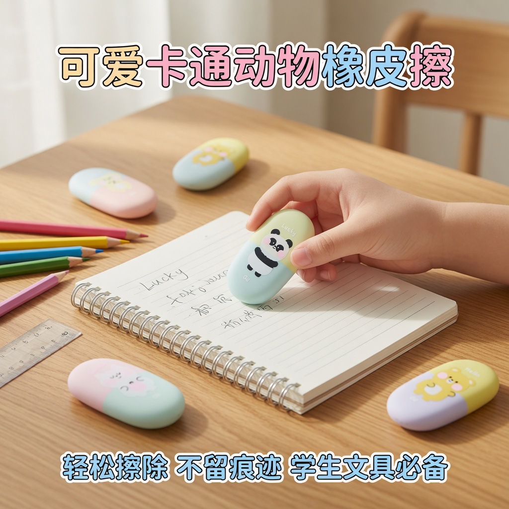 Macaron two-color cartoon eraser, cute animal-shaped eraser, clean and leaves no marks, children's stationery gift Application Scenario