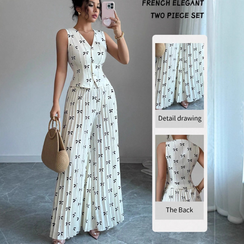 Cross-border printed waistcoat top, folded long pants set full figure