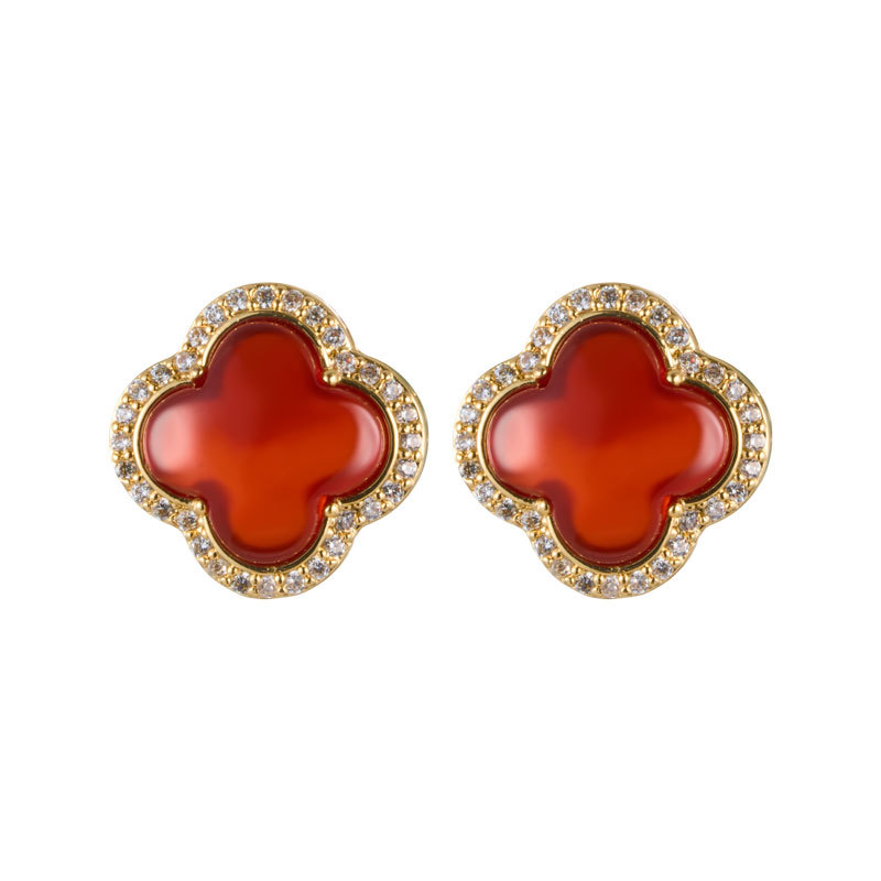 Light luxury and high-end red agate four-leaf clover earrings, copper alloy, real gold electroplated, slightly inlaid zircon s925 silver needle earrings Item Picture