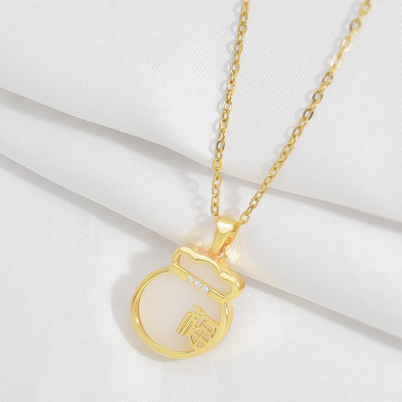2024 New imitation jade lucky bag pendant with micro-inlay ethnic style, retro personality, versatile, internet-famous, high-end women's collarbone chain details Picture