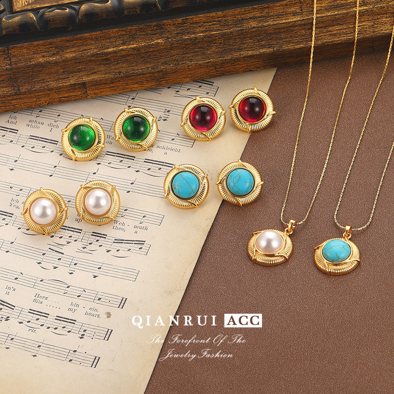 中古vintage饰品复古小众绿松石耳环跨境珍珠吊坠高级项链锁骨链