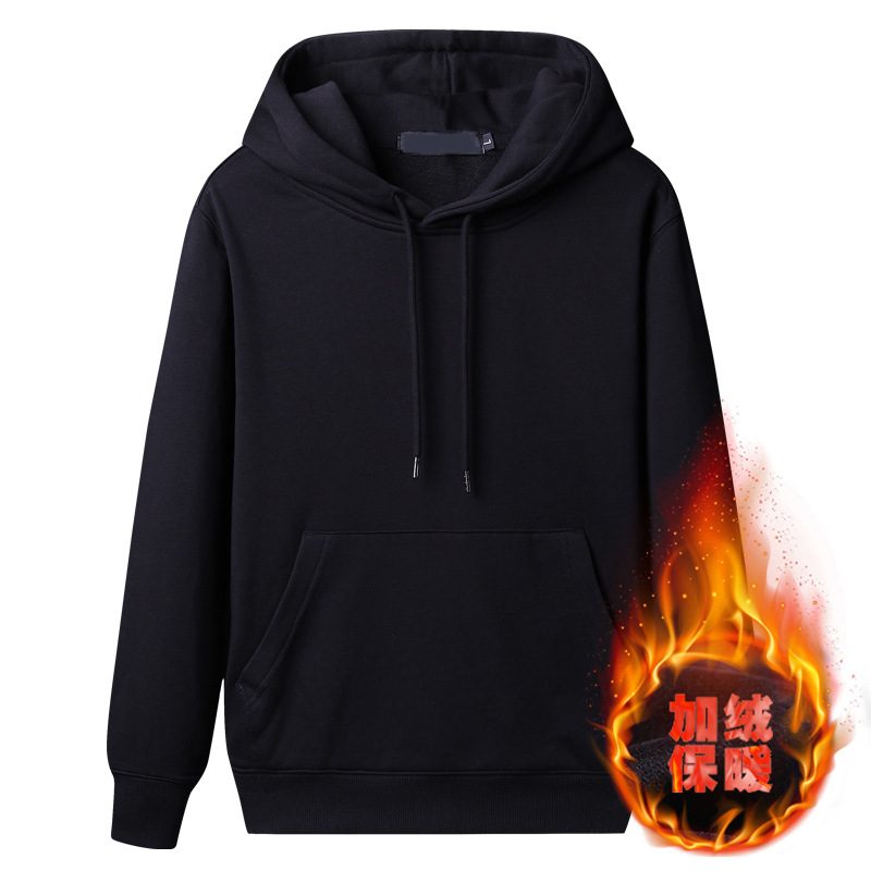 Solid color fleece hoodie for men, thickened with a hood, autumn warmth, pullover, round-neck top, Korean version, winter fleece warmth full figure