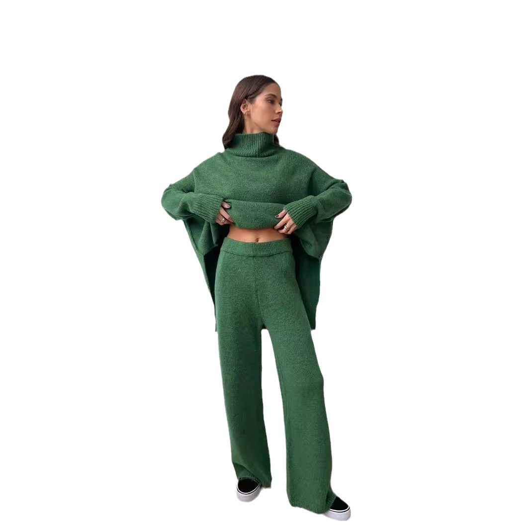 2025 Cross-border high-neck slit wool sweater Set for Women, loose, casual and laid-back European and American knitted trousers Two-piece set Item Picture