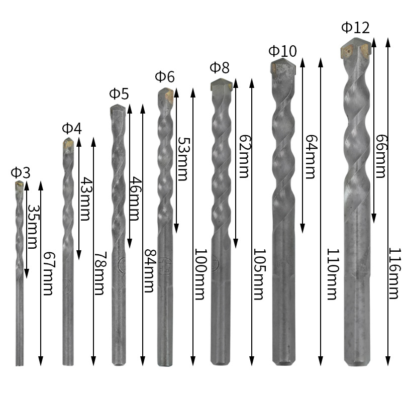Impact stone drill bit, hand electric drill, triangular handle, cement concrete wall construction drill, impact drill bit Specification drawing