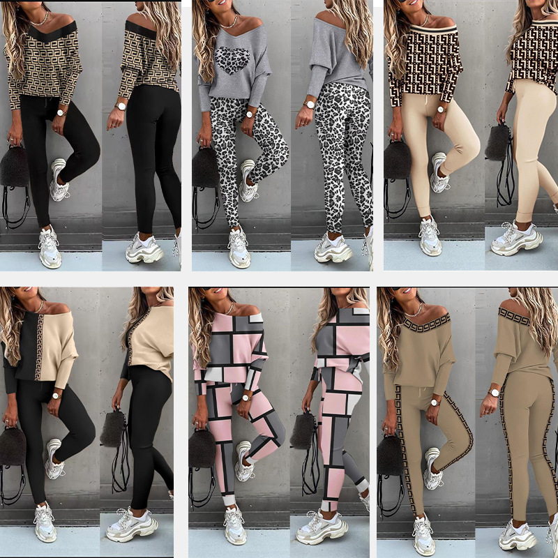 Cross-border best-selling European and American fashion women's long-sleeved and long-pants set, V-neck sexy off-the-shoulder sporty multi-color set details Picture