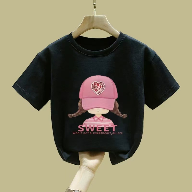 Pink short-sleeved girls' T-shirt, pure cotton, 2025 new style, round-neck half-sleeved summer children's top T-shirt for middle and large children Specification image
