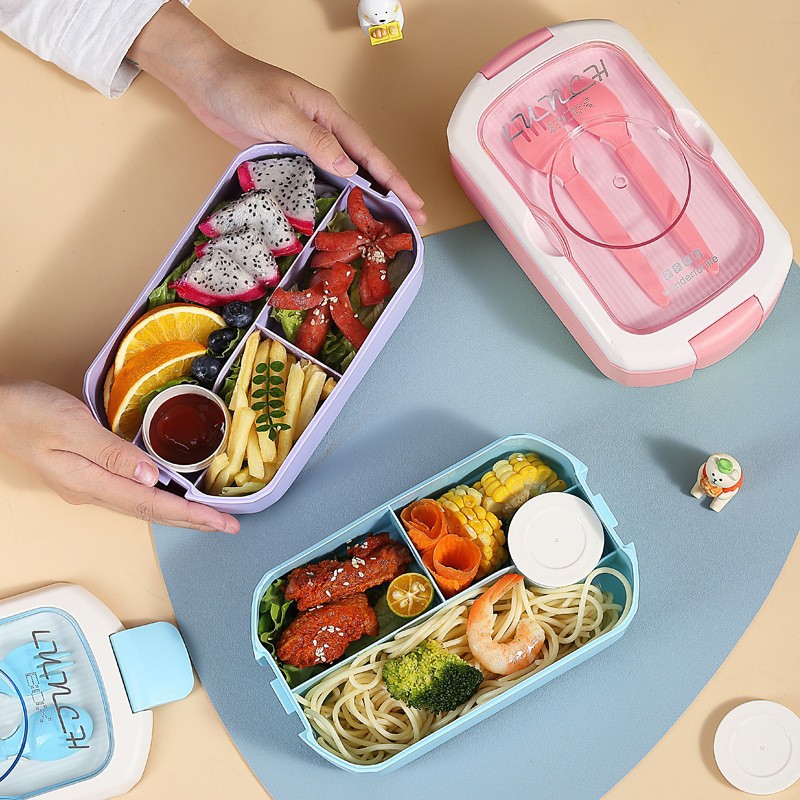 Plastic compartments set lunch box, water cup with fork and spoon, sauce box, office worker salad lunch box, student bento box details Picture
