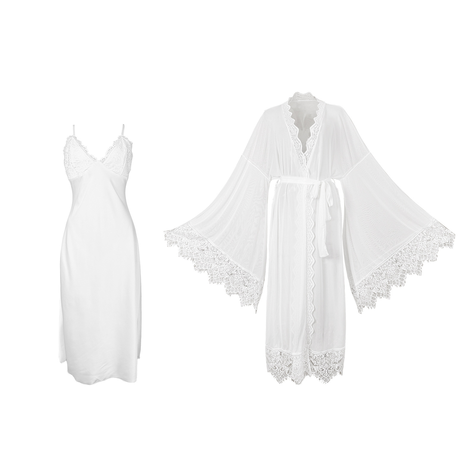 Two-piece set of white satin halter sleeping dress for export, detachable chest cushion mesh lace flared sleeve outer robe 1182 Item Picture