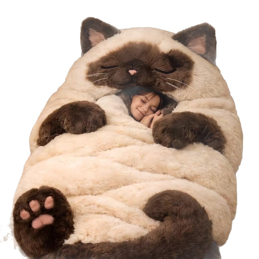 冬季成人巨型毛绒猫咪睡袋 卡通懒人床 安全感治愈系包裹睡垫白底实物图