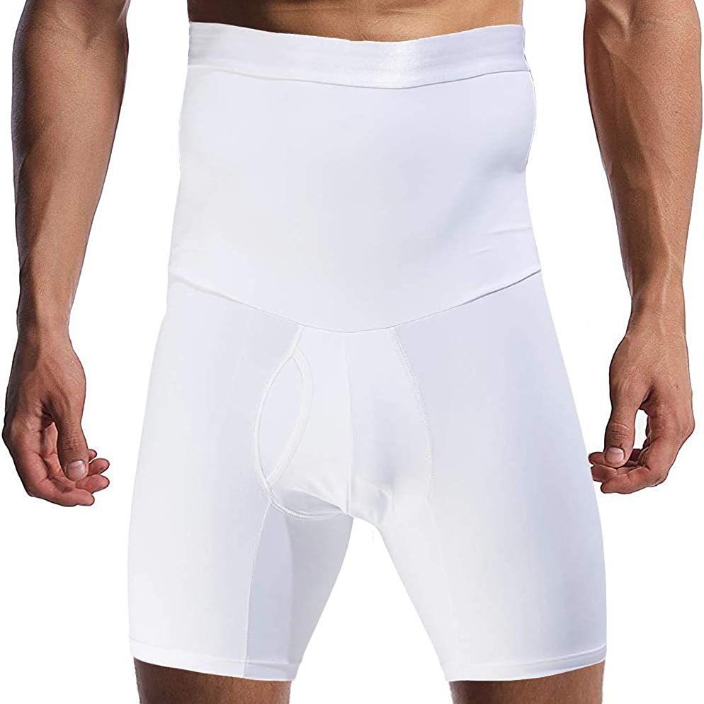 跨境欧美新款热销男士收腹束身提臀高腰运动五分点胶双层束腰裤白底实物图