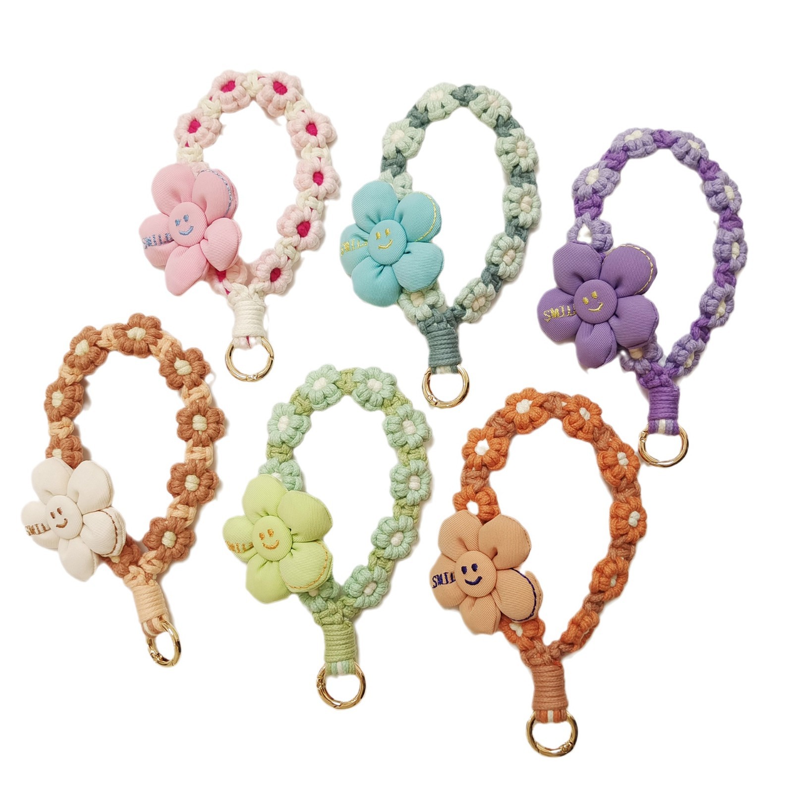 日韩可爱手工编织花朵钥匙扣手机挂件立体花花手腕挂绳手作礼品女白底实物图