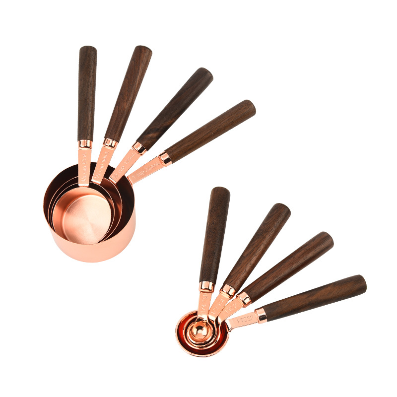 Walnut wood measuring cup and measuring spoon 8-piece set, stainless steel measuring spoons 15ml, 30ml coffee spoons, baking measuring spoons, measuring spoons Item Picture