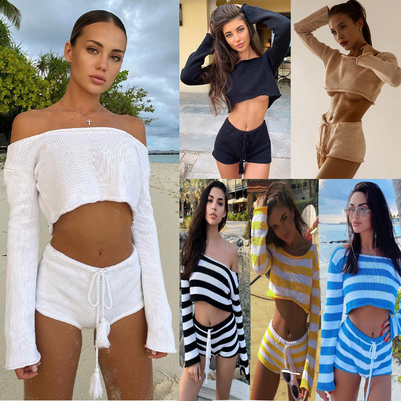 Spring/Summer 2026 European and American women's vacation casual striped knitted new crop top sexy shorts set