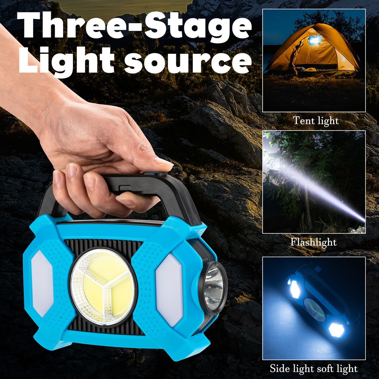 Outdoor solar COB camping lamp, lens searchlight, camp lamp, small hanging lamp, multi-functional portable night riding lamp Application Scenario