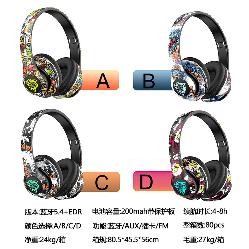 Cross-border bestseller graffiti over-ear headphones, glowing national trend style, wireless Bluetooth sports headset, mobile phone suitable for wholesale details Picture