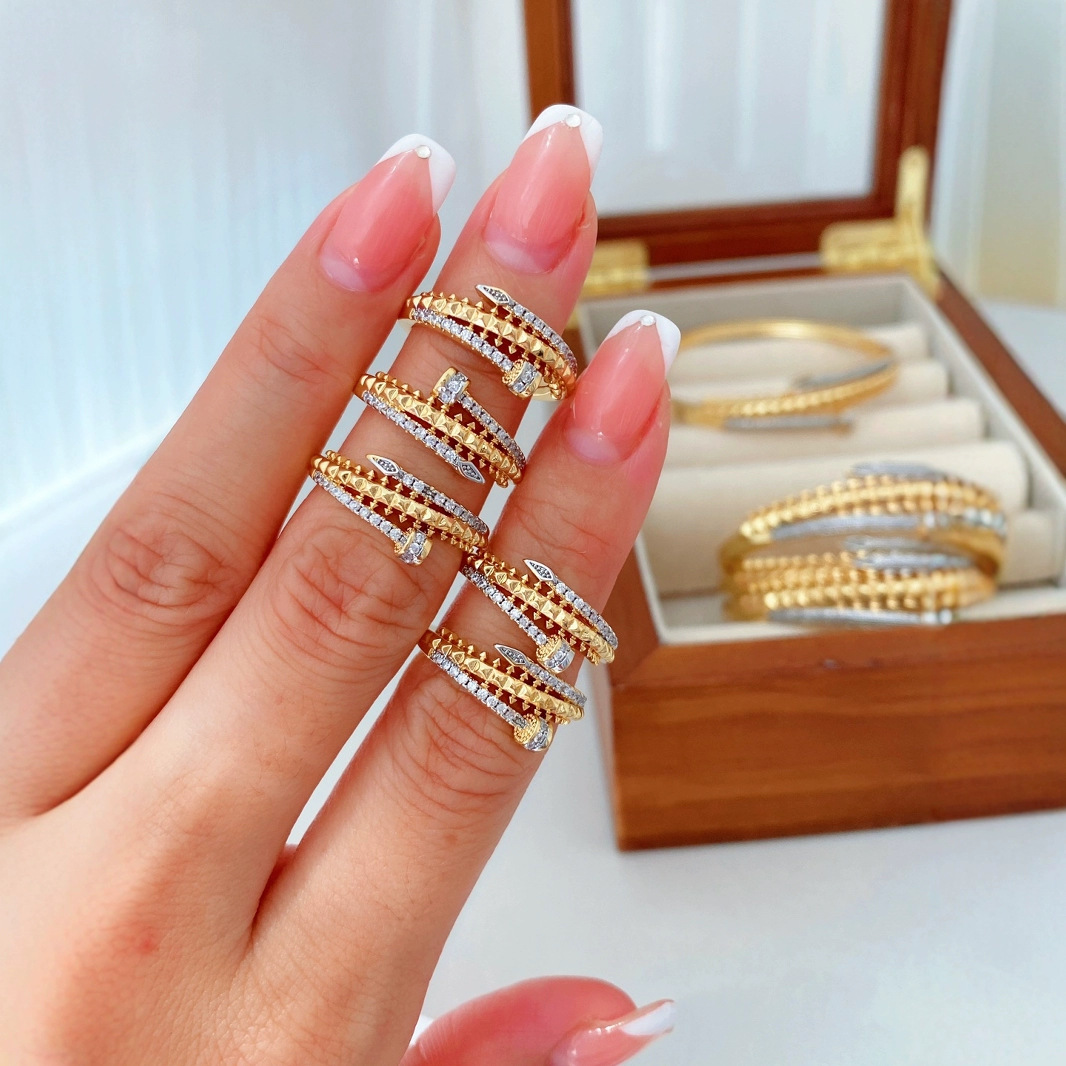 New diamond-shaped micro-inlaid zircon nail bracelet ring set, simple style copper gold-plated women's jewelry wholesale details Picture