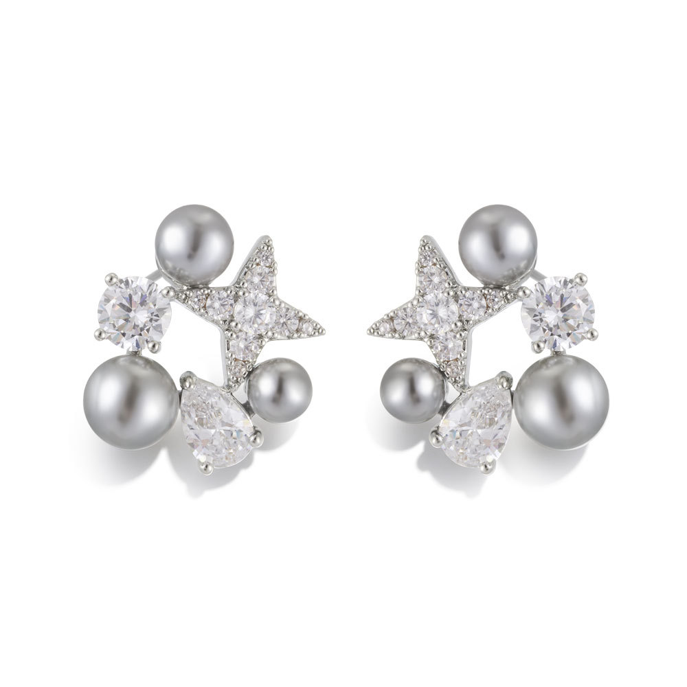 Exquisite and dynamic star-shaped pearl stud earrings made of copper alloy with slightly inlaid zircon s925 silver needles Item Picture
