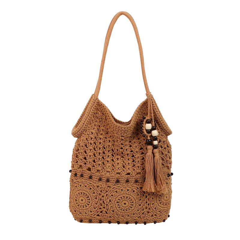Cross-border woven bag, fringed knitted hollowed-out handbag, large-capacity fringed design single-shoulder bag, beach vacation lady's beach bag, fringed woven bag Item Picture