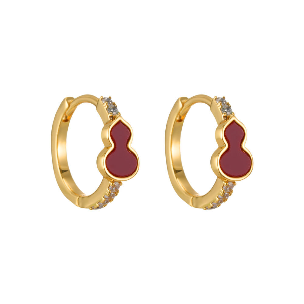 New Chinese-style national trend gourd earrings, copper alloy, real gold electroplated, zircon resin inlaid, light luxury and high-end earring earrings Item Picture