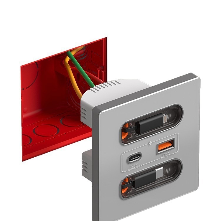 86-type USB socket with automatic Apple telescopic cable, four-hole 20W flash charging, Type-c Home Power strip, safe and flame-retardant Item Picture