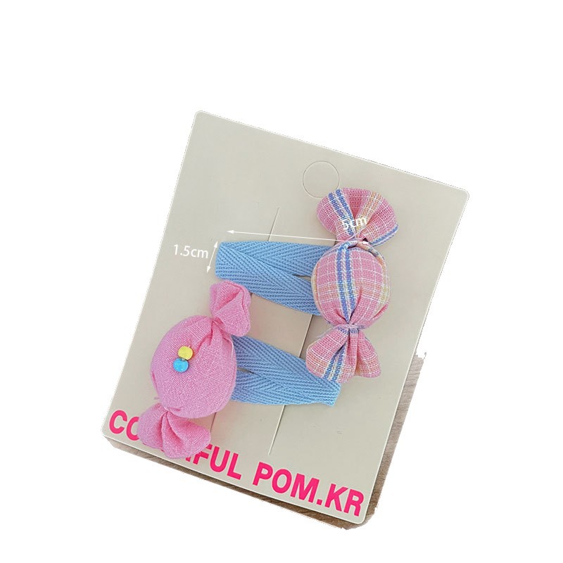 New children's sweet candy bye-bye clip, handcrafted fabric side broken bangs clip, baby pair elastic hair band Item Picture