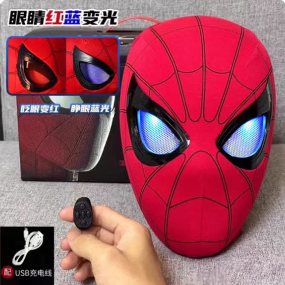 跨境专供蜘蛛侠头套眼睛可动电动眨眼发光超凡面具万圣诞cos头盔
