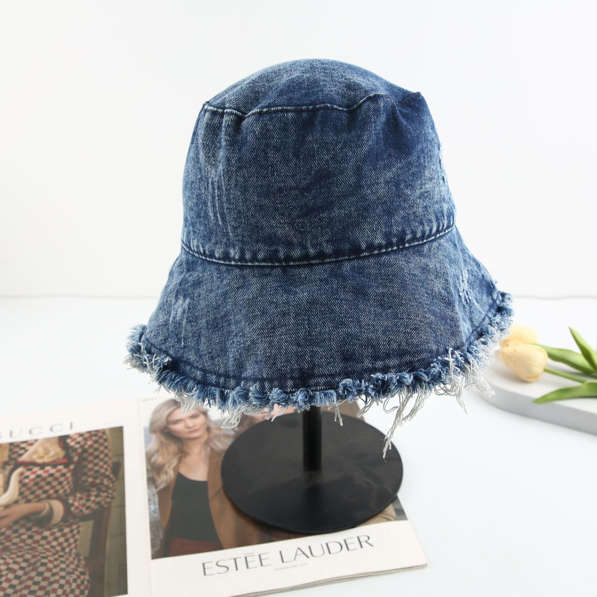 A stylish and versatile casual sun hat with a unique Japanese and Korean ins style, featuring a fringed denim fisherman's hat Item Picture