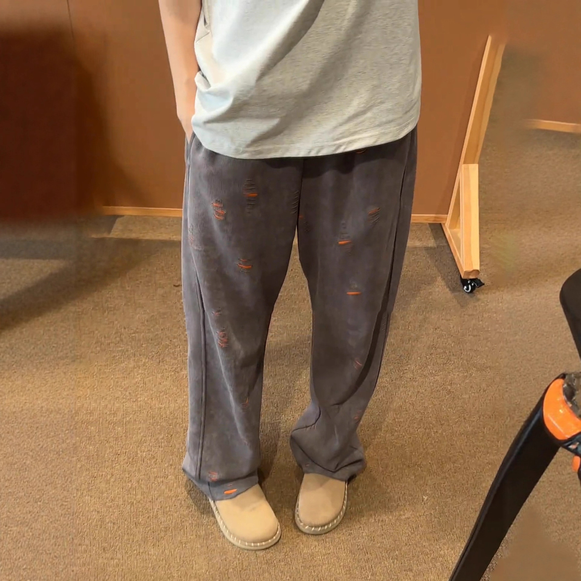 Spring and Autumn color-blocking sweatpants, irregular perforated curved knife pants, straight-leg long pants, men's trendy ins wide-leg casual pants Specification image