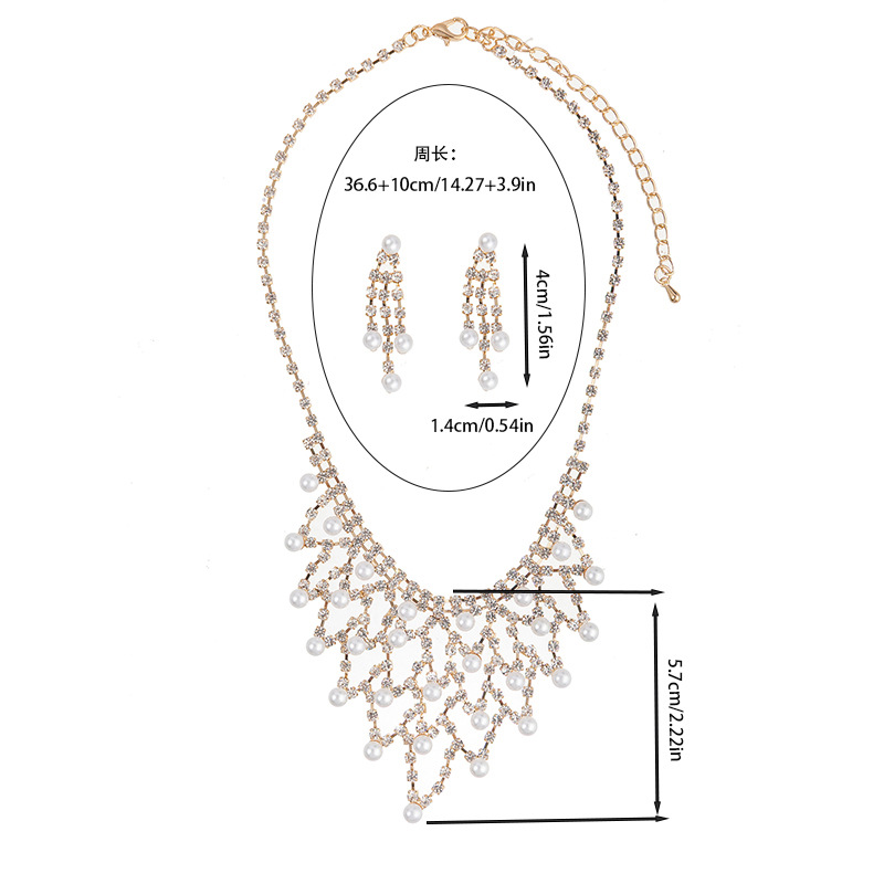 Cross-border best-selling European and American bride pearl and water diamond necklaces and earrings, exquisite diamond-encrusted exaggerated necklaces, tassel earrings, jewelry, evening gowns, versatile and elegant jewelry sets Specification image