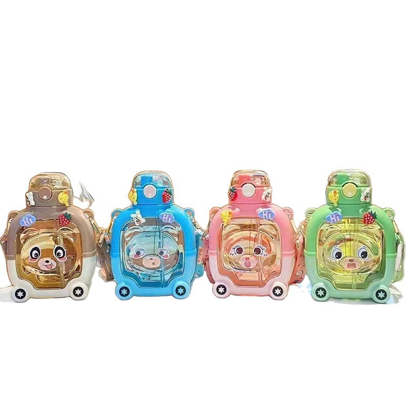 Popular cartoon bear plastic straw cup, large-capacity water bucket, portable shoulder strap, double-drinking magic bear children's cup