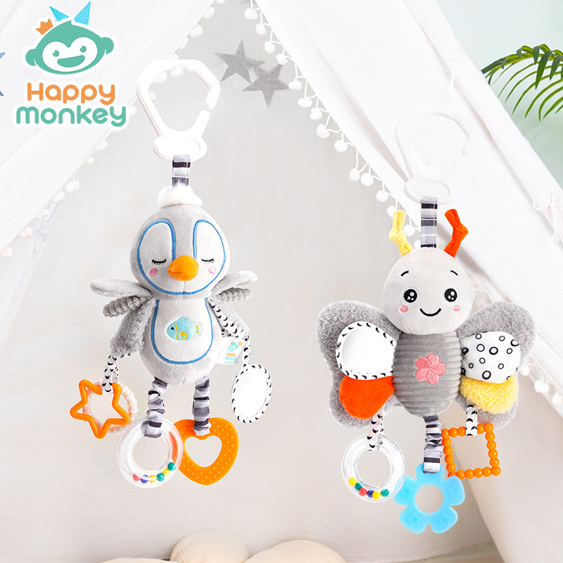 Happy monkey宝宝安抚玩具婴幼儿车床挂摇铃床铃新生儿益智礼物