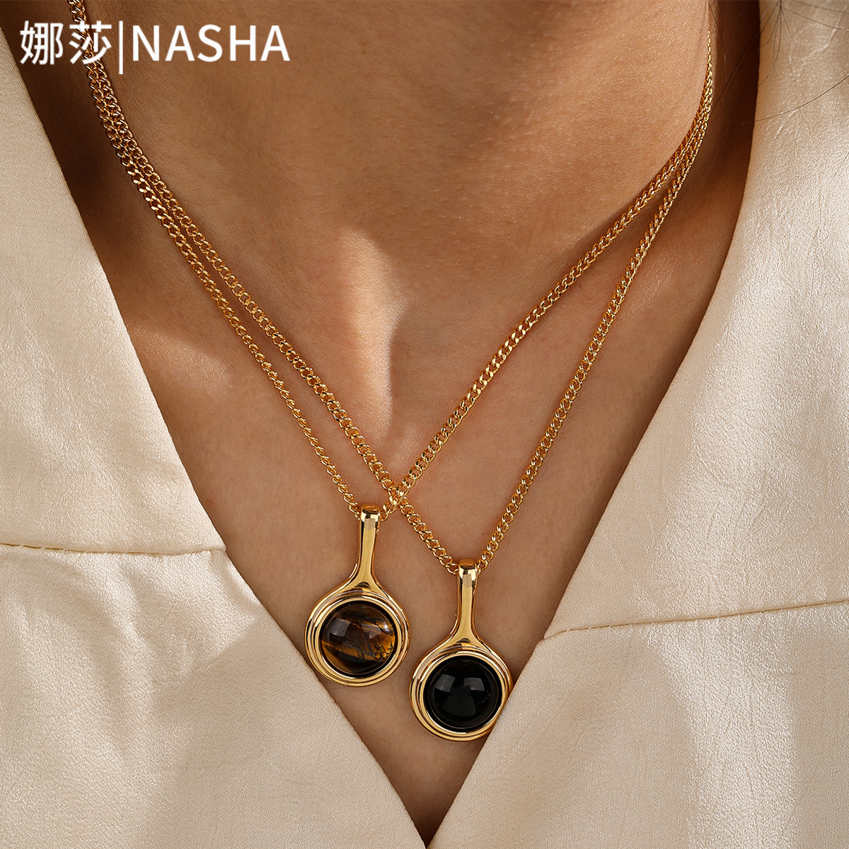 Nasha Cross-border exclusive natural tiger's eye stone Maillard necklace accessory for women's layered wear, a light luxury, niche and high-end style necklace